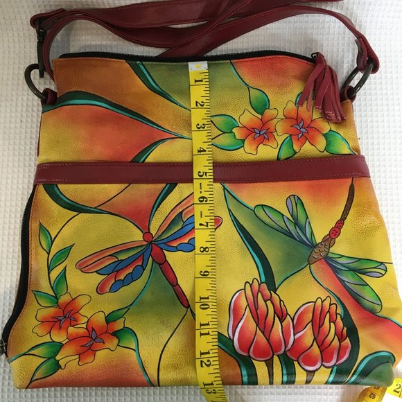 Anuschka NEVER USED Handpainted Leather Tote Shoulder Dragonfly Floral - Picture 6 of 13